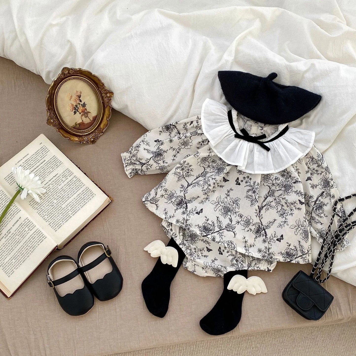 Black Floral Bow Collar Blouse Set