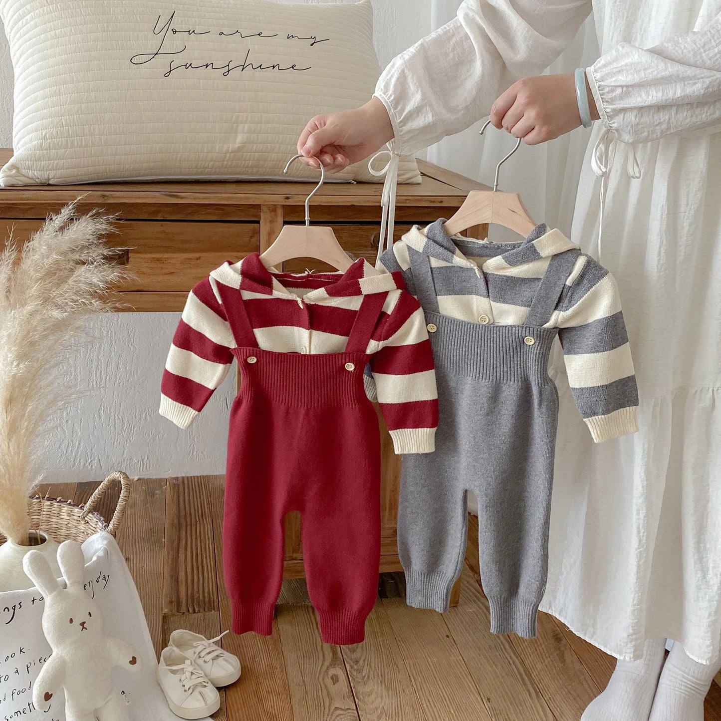 Knit Striped Overalls Set