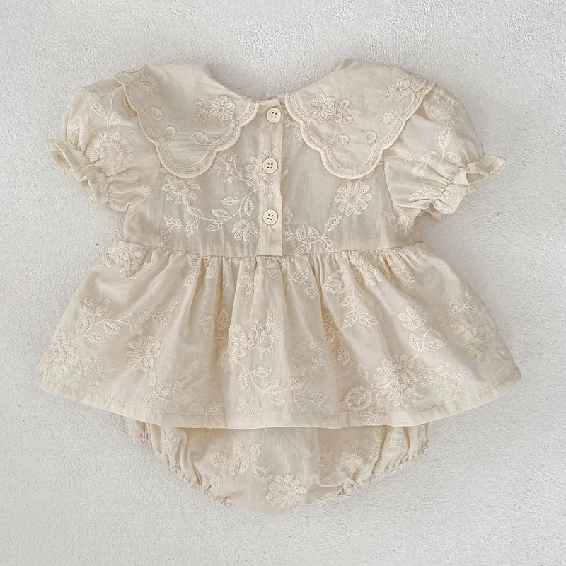 Floral Embroidery Peter Pan Collar Romper Dress