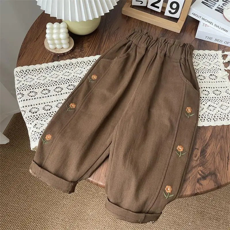 Cotton Brown Floral Embroidery Pants