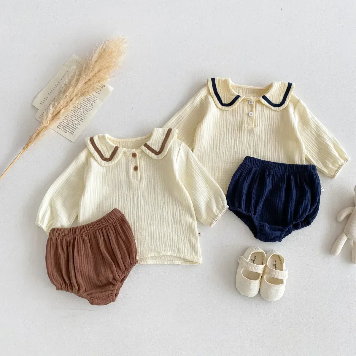 Cotton Navy Collar Solid Wrinkled Set