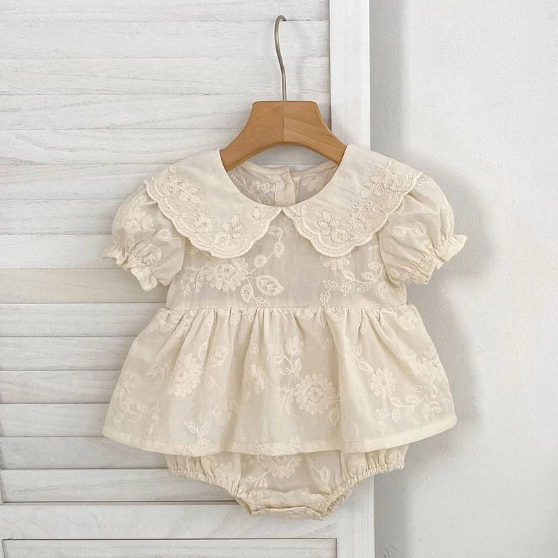 Floral Embroidery Peter Pan Collar Romper Dress