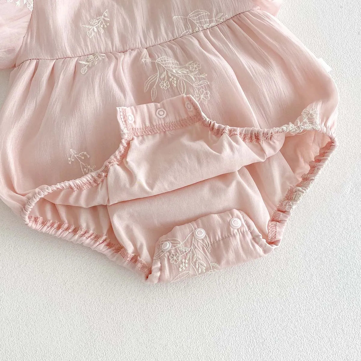 Pink Bubble Sleeve Embroidery Romper