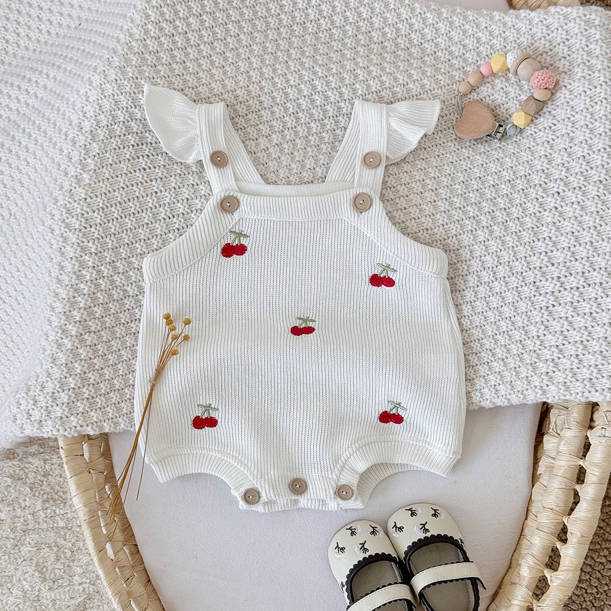 Cherry Embroidery Bubble Knit Romper