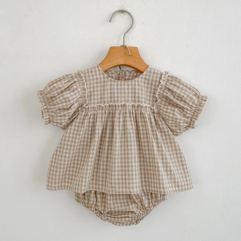 Embroidery Grid Puff Sleeve Set
