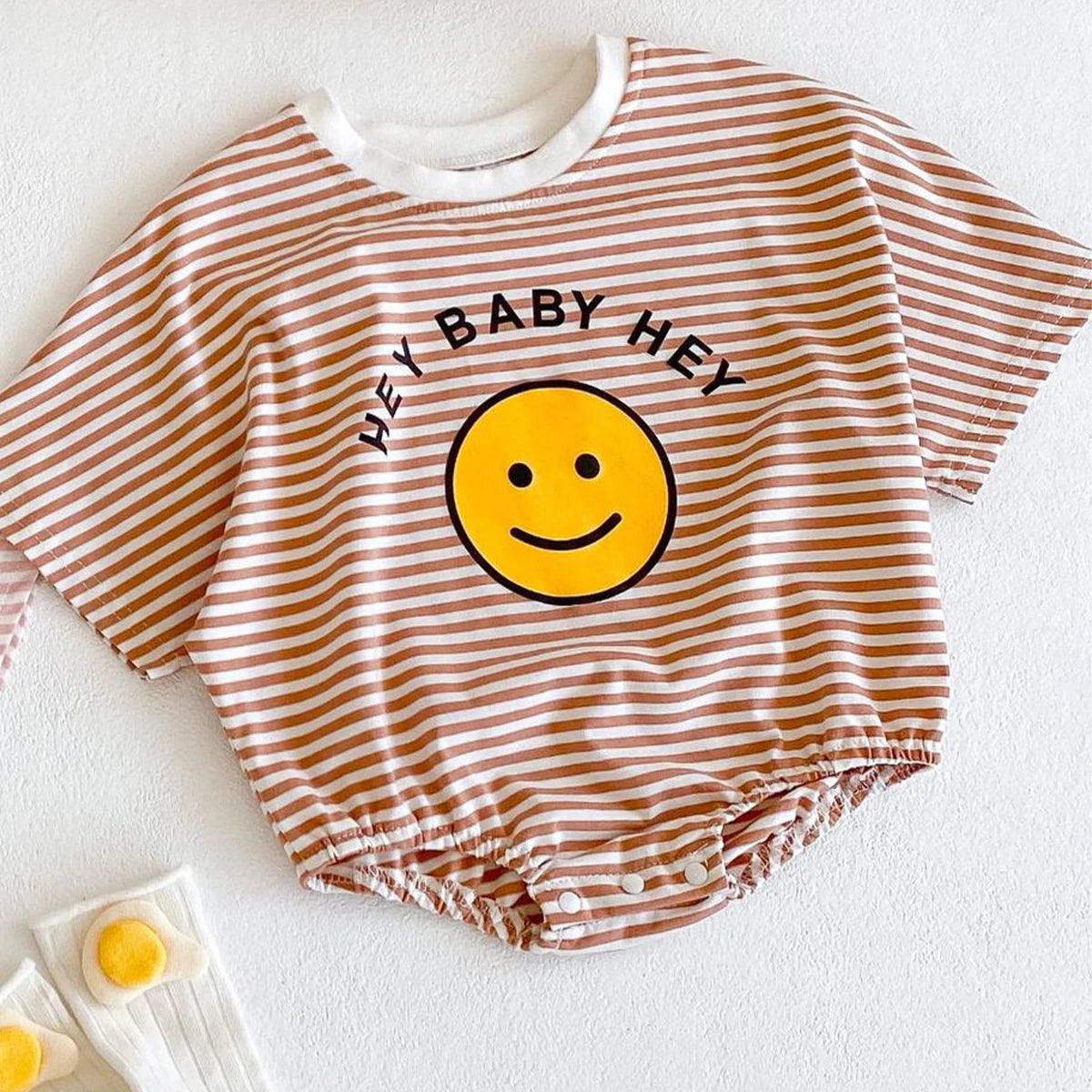 Smiley Face Printed Striped Cotton Romper
