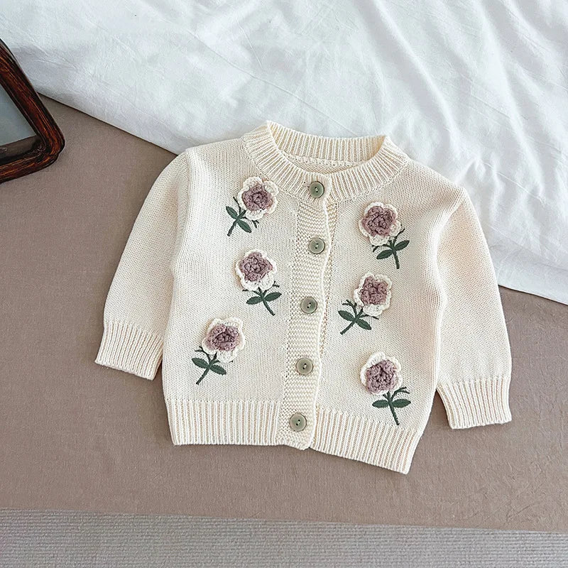 Floral Embroidery Patch Cotton Knit Cardigan