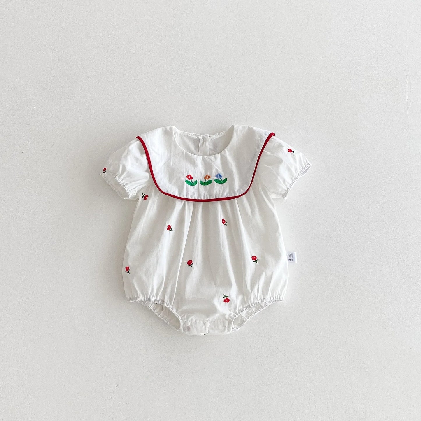 Red Floral Embroidery Square Collar Romper
