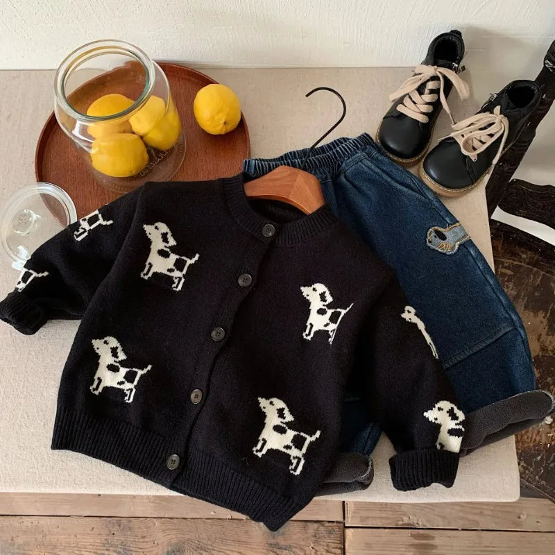 Boys Black Dog Knit Cardigan