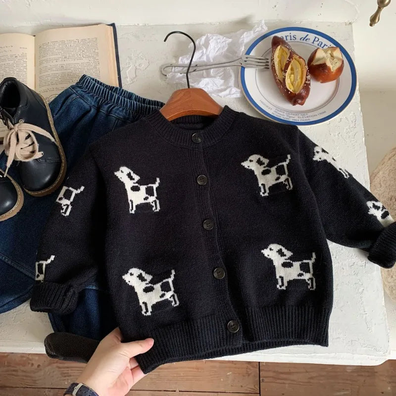 Boys Black Dog Knit Cardigan