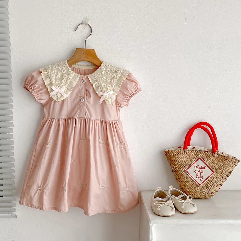Pink Laced Collar Embroidery Dress