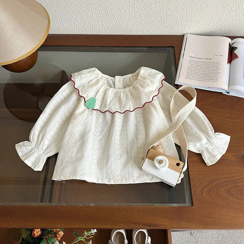 Red Collared Heart Embroidery Blouse