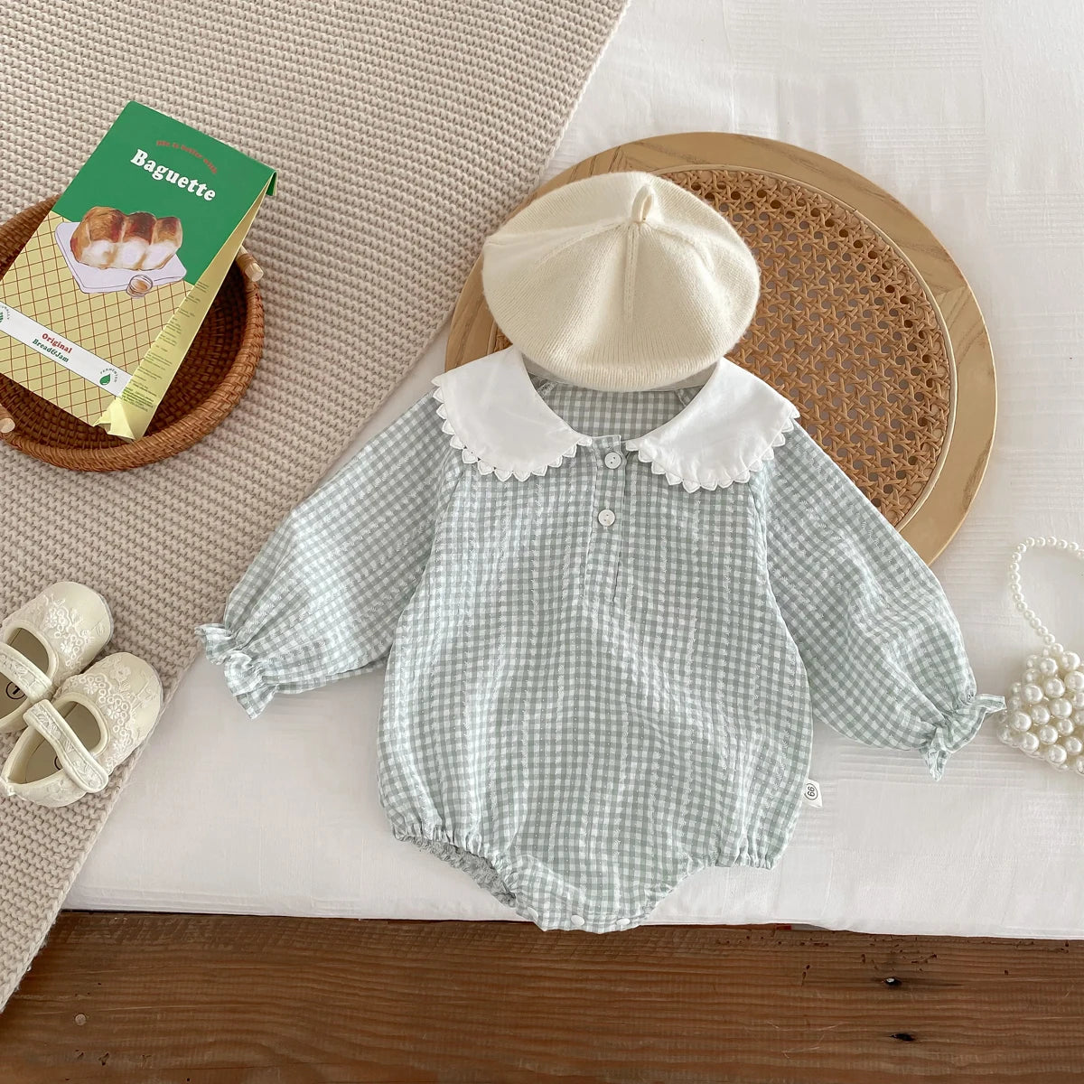 Sky Blue Peter Pan Collar Plaid Romper