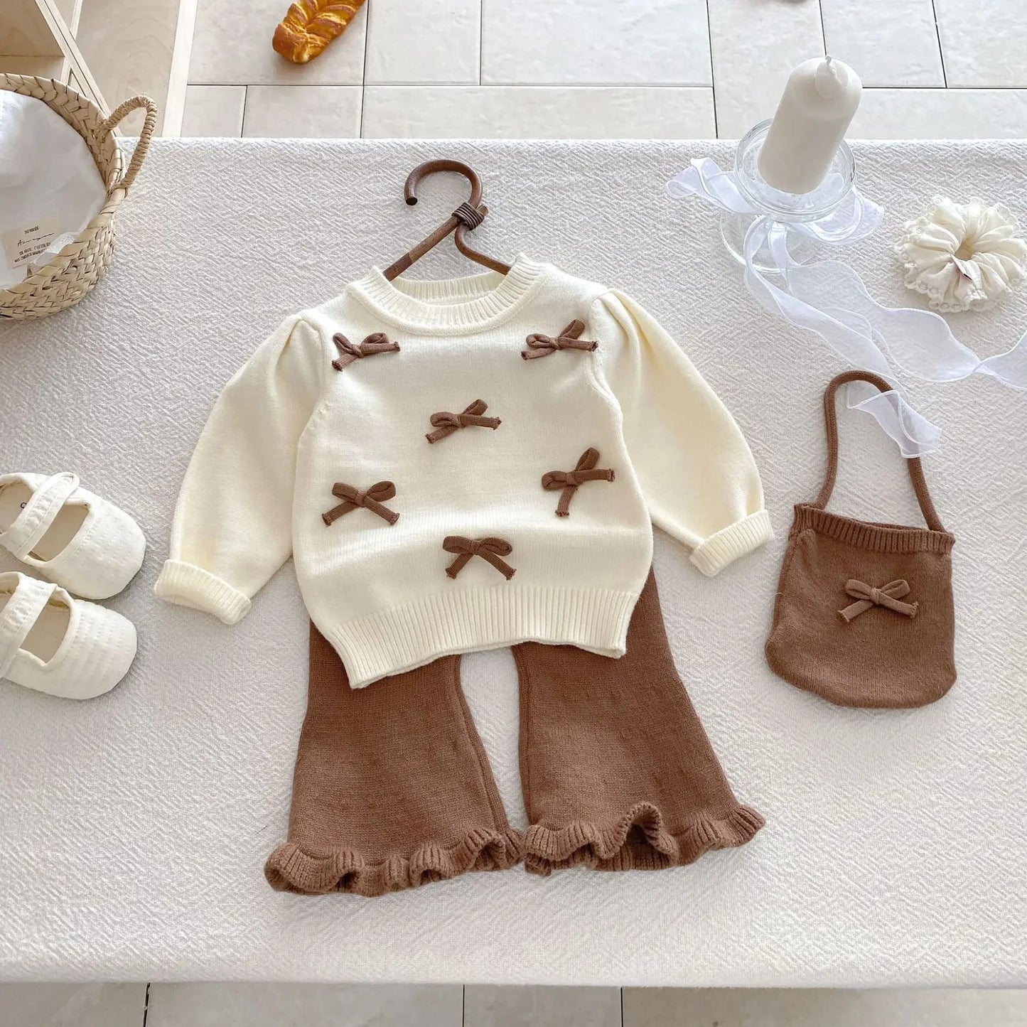 Brown Bowknot Ruffle Flare 3-Piece Knit Set
