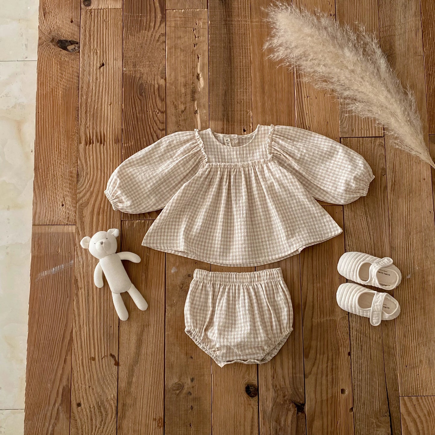 Cotton Plaid Lace Blouse Set