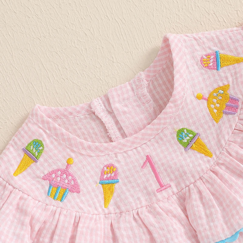 Plaid First Birthday Ice Cream Embroidery Romper