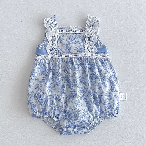 Blue Floral Print Sleeveless Laced Romper
