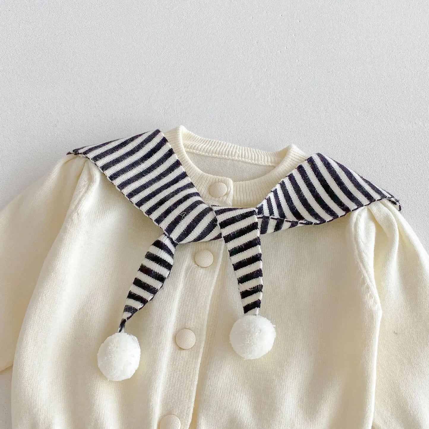 Navy Striped Collar Pom-Pom Knit Cardigan