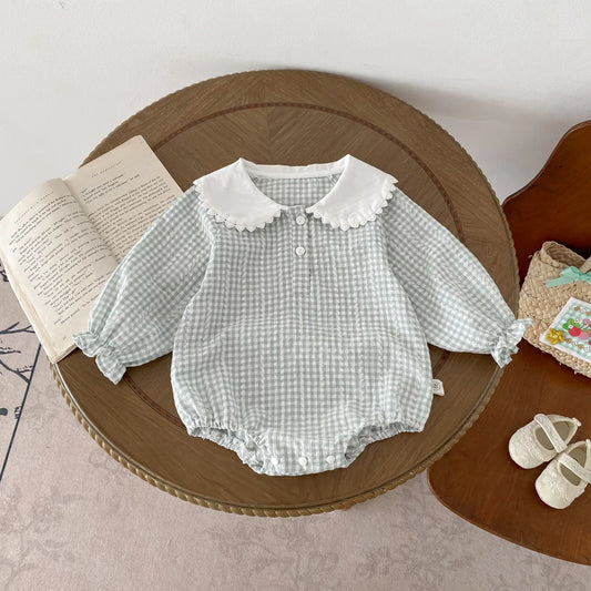 Sky Blue Peter Pan Collar Plaid Romper