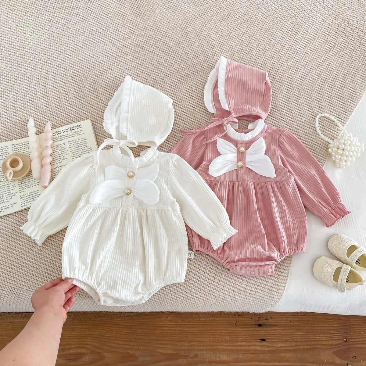 Big Bow Standing Collar Romper and Hat