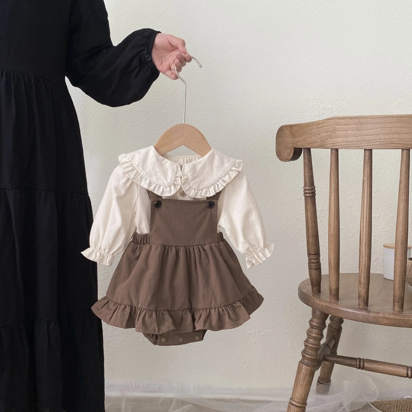 Brown Peter Pan Collar Dress and Overalls Set