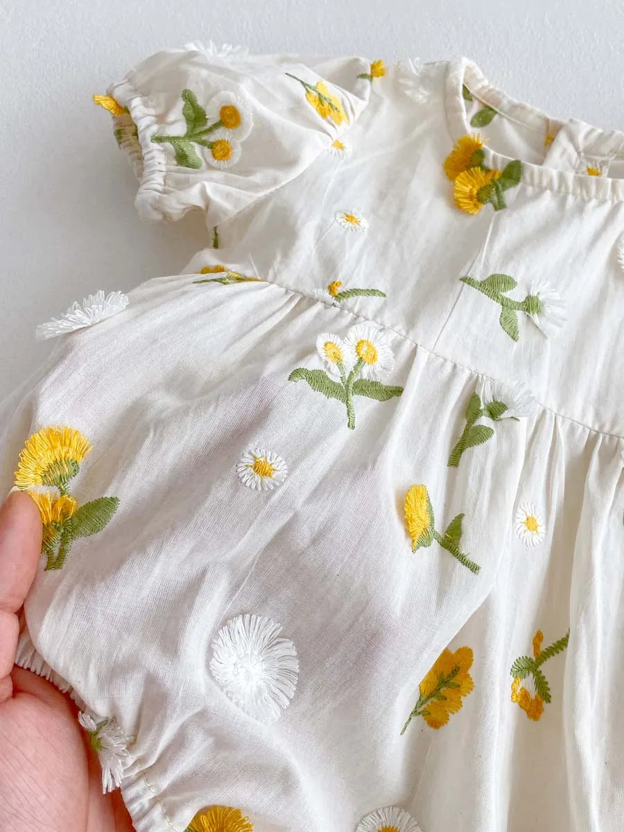 Yellow Small Floral Embroidery Romper
