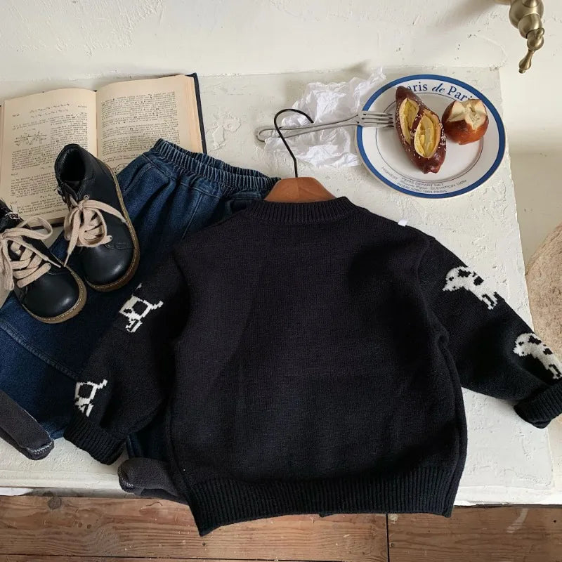 Boys Black Dog Knit Cardigan