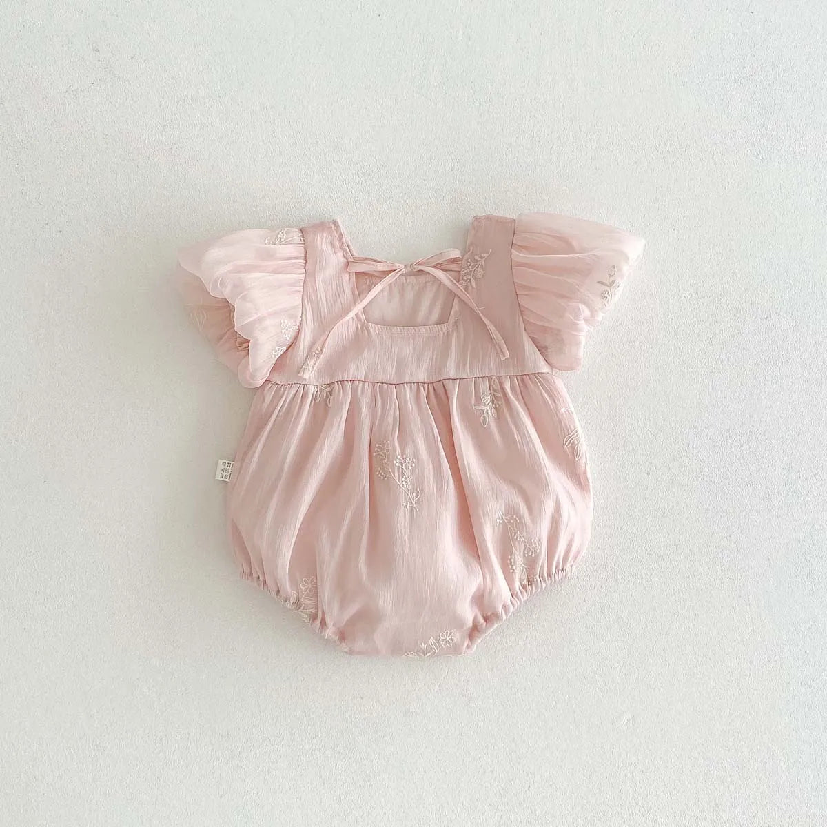 Pink Bubble Sleeve Embroidery Romper