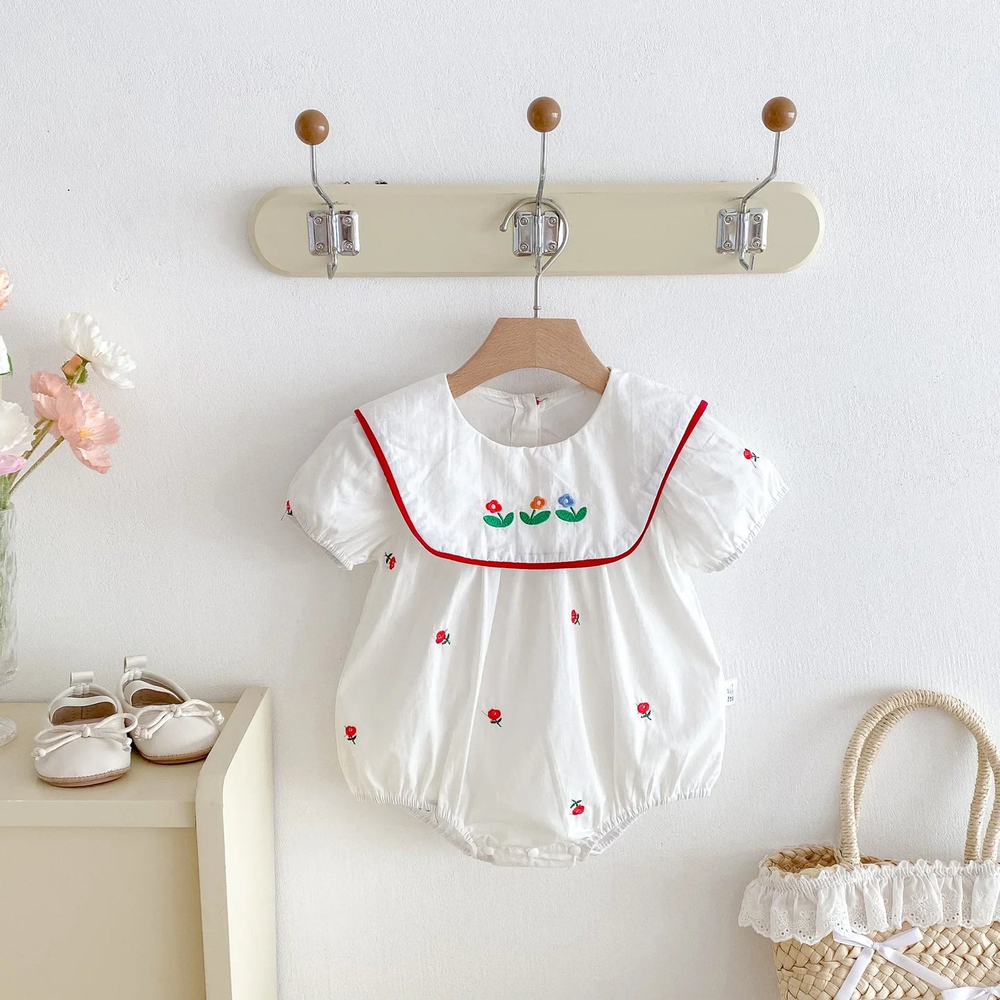 Red Floral Embroidery Square Collar Romper