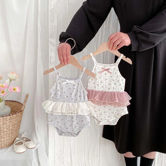 Floral Lace Stitching Bow Sling Bodysuit