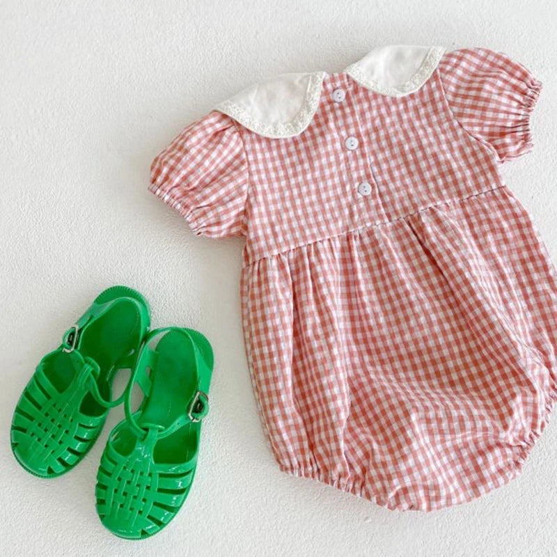 Pink Grid Floral Embroidery Romper