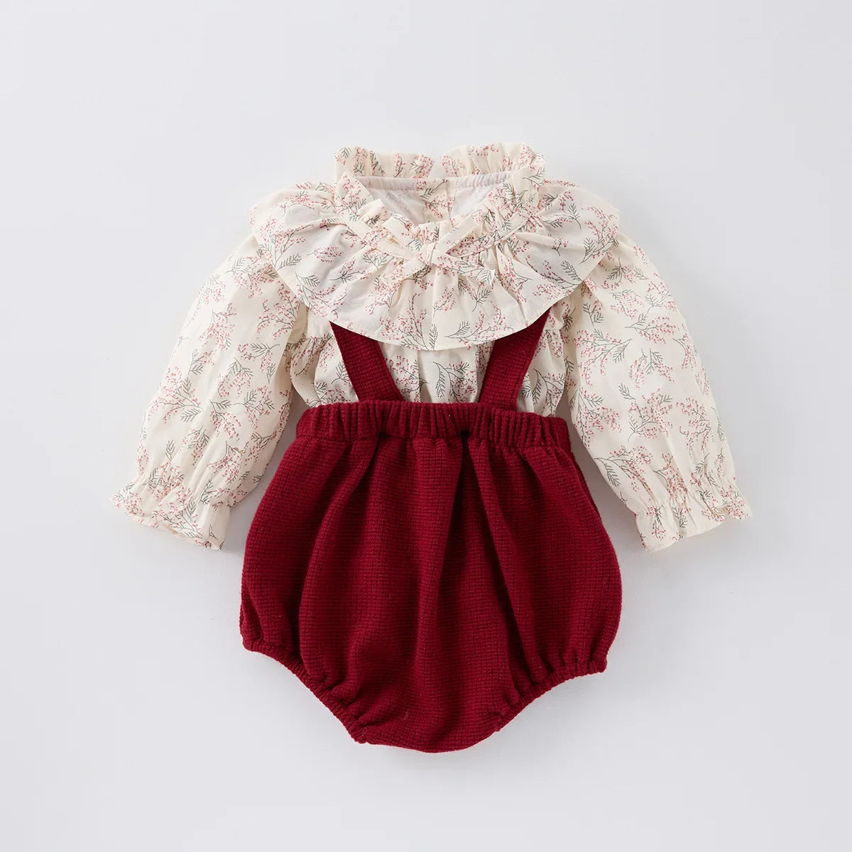 Red Floral Big Collared Blouse Set