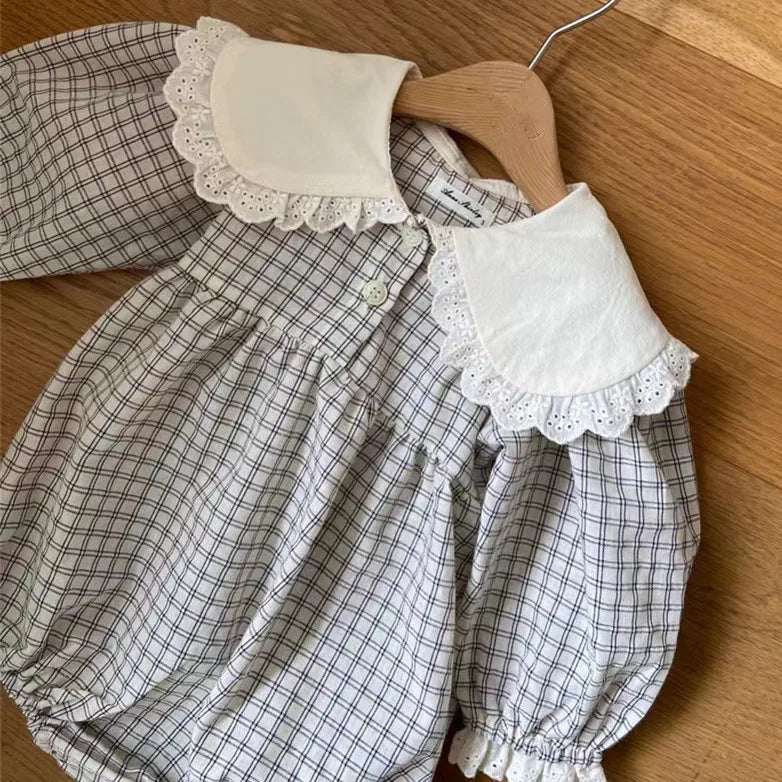 Plaid Large Lapel Lace Romper