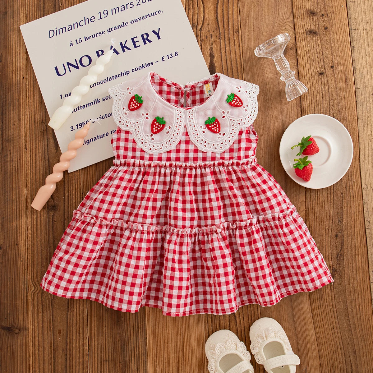 Plaid Strawberry Embroiderey Collar Dress