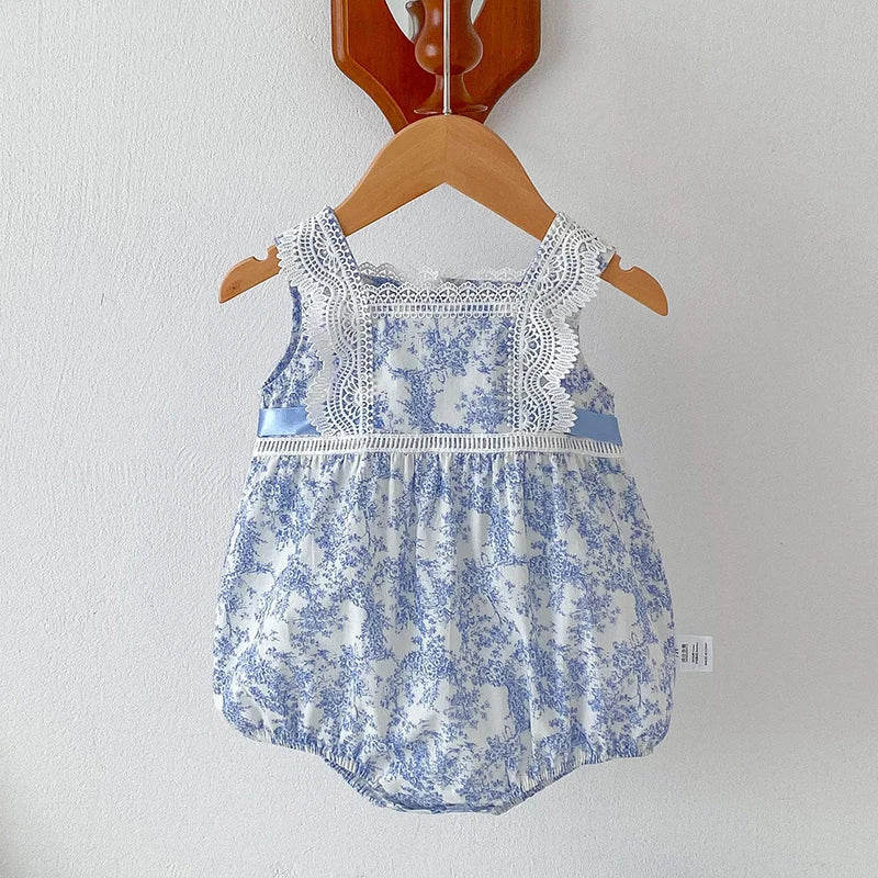 Blue Floral Print Sleeveless Laced Romper