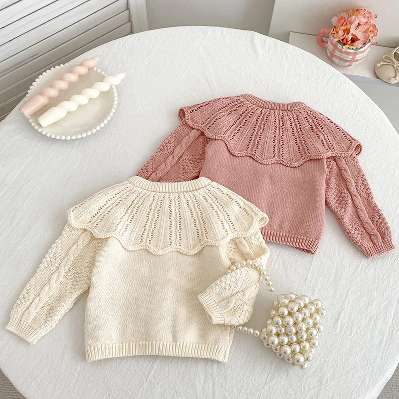 Hollow Out Floral Embroidery Ruffle Collar Cardigan