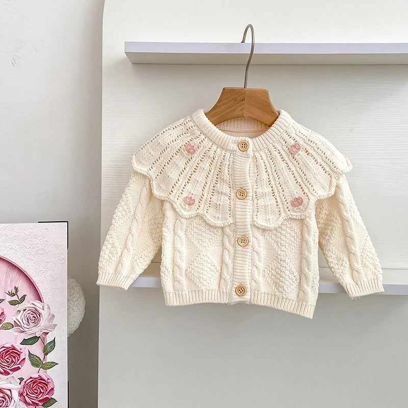Hollow Out Floral Embroidery Ruffle Collar Cardigan