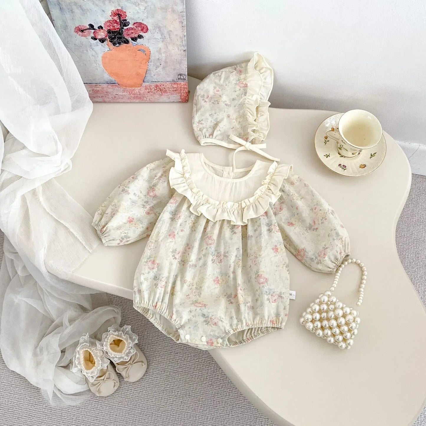 Retro Floral Big Lace Collar Romper and Hat
