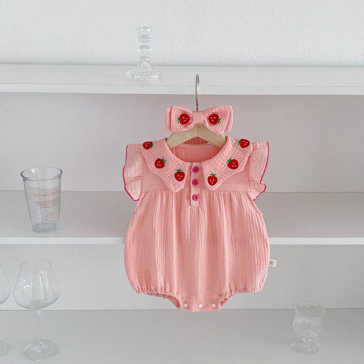 Pink Strawberry Embroidery Romper and Headband