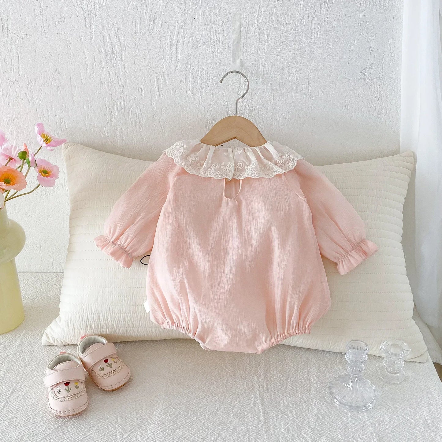 Sweet Pink Lace Collar Bow Romper