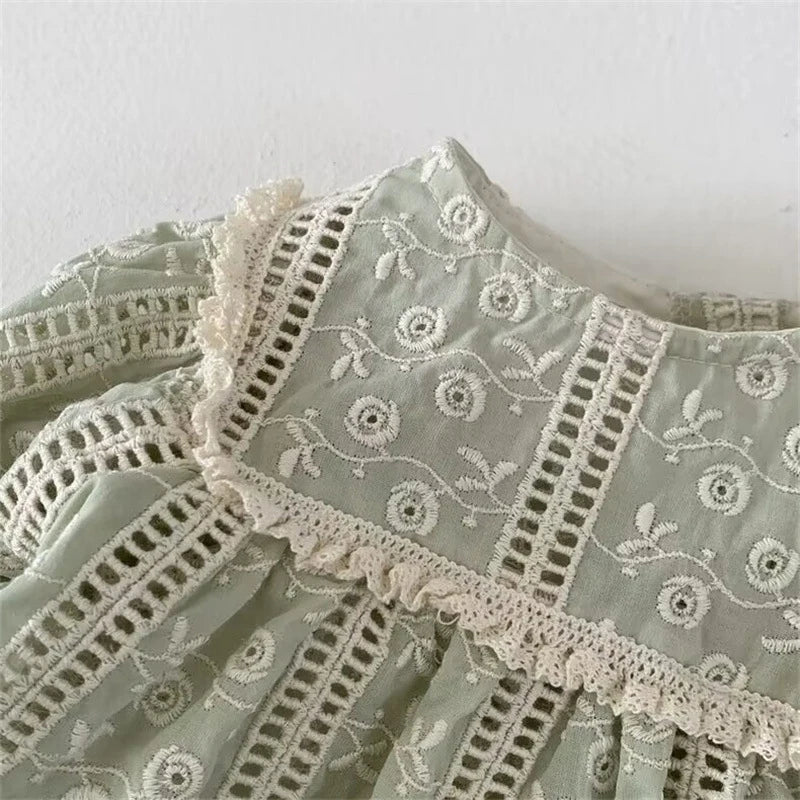 Lace Puff Sleeve Ruched Blouse
