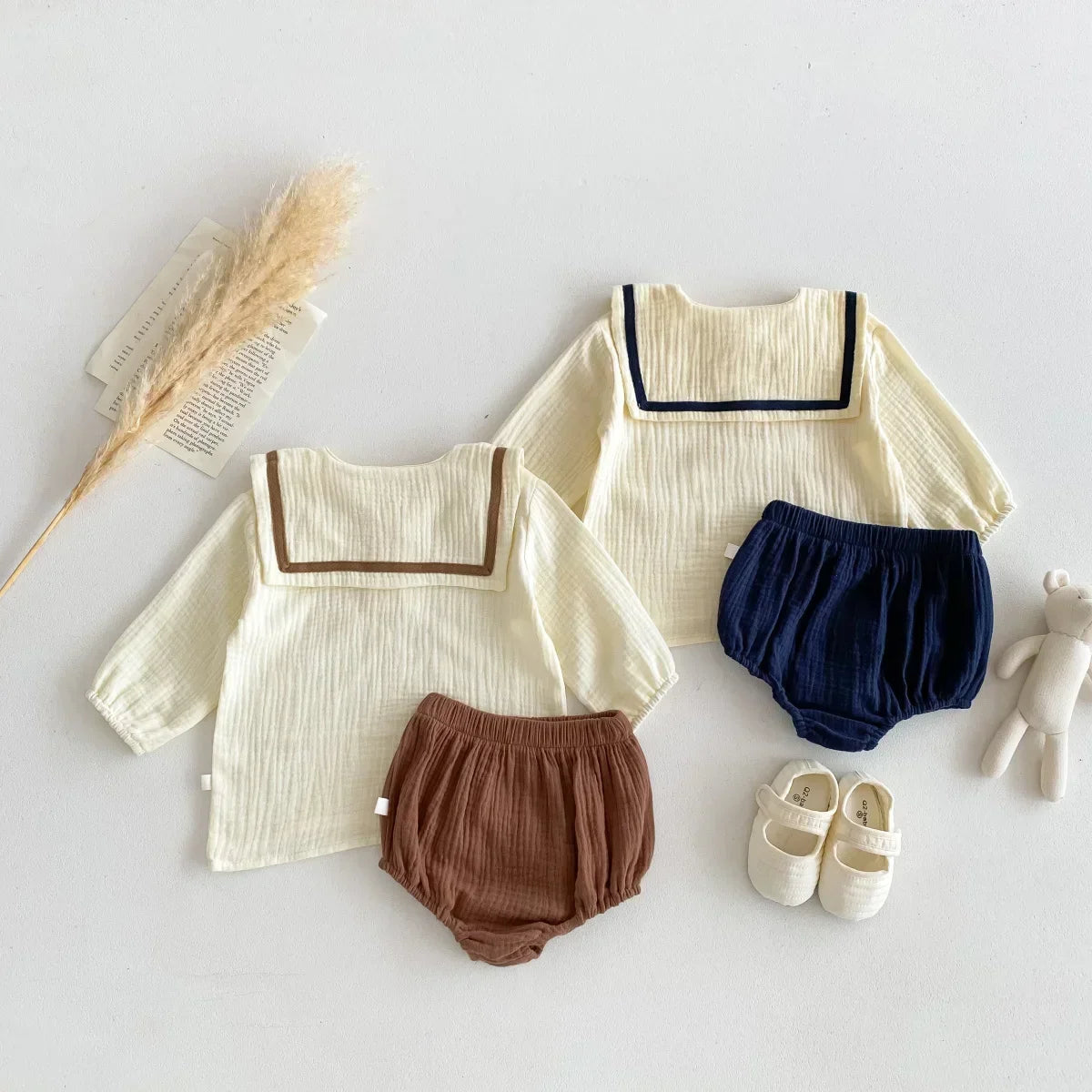 Cotton Navy Collar Solid Wrinkled Set