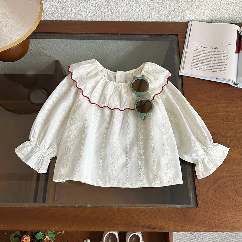 Red Collared Heart Embroidery Blouse
