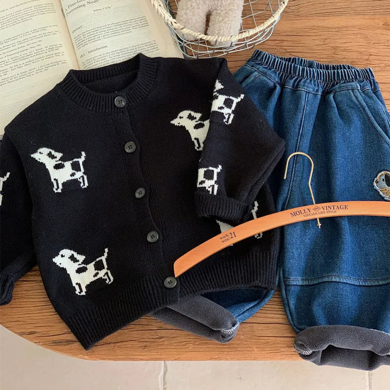Boys Black Dog Knit Cardigan