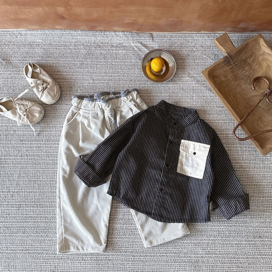 Pocket Striped Stand Up Collar Shirt