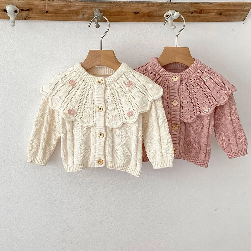 Hollow Out Floral Embroidery Ruffle Collar Cardigan