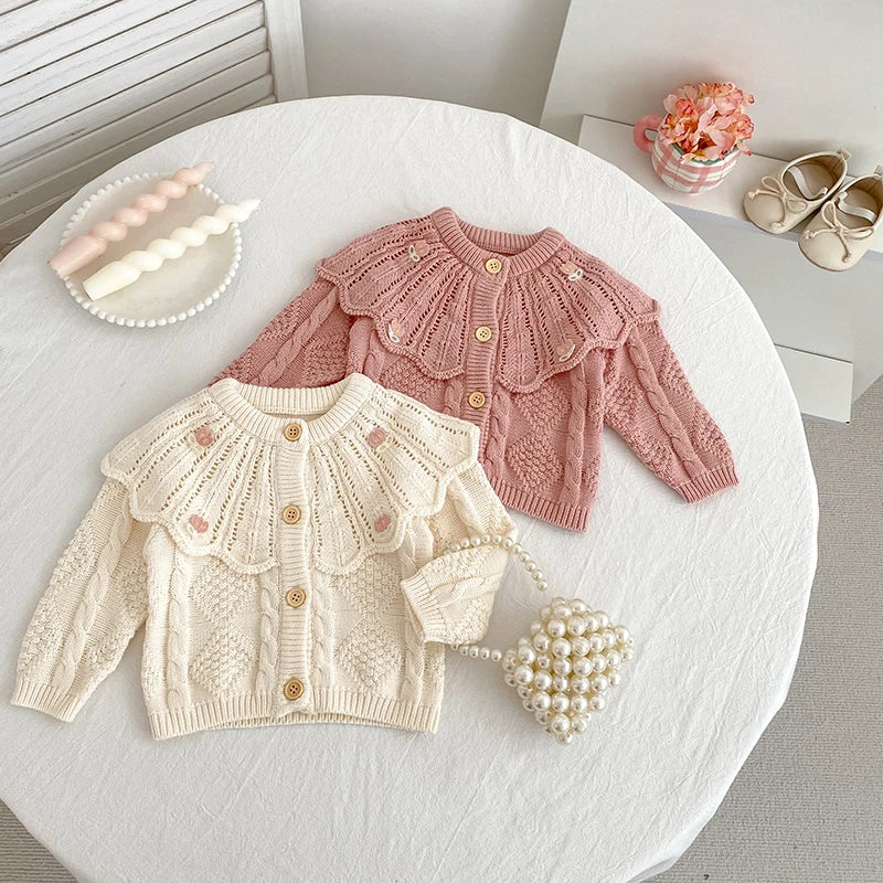 Hollow Out Floral Embroidery Ruffle Collar Cardigan