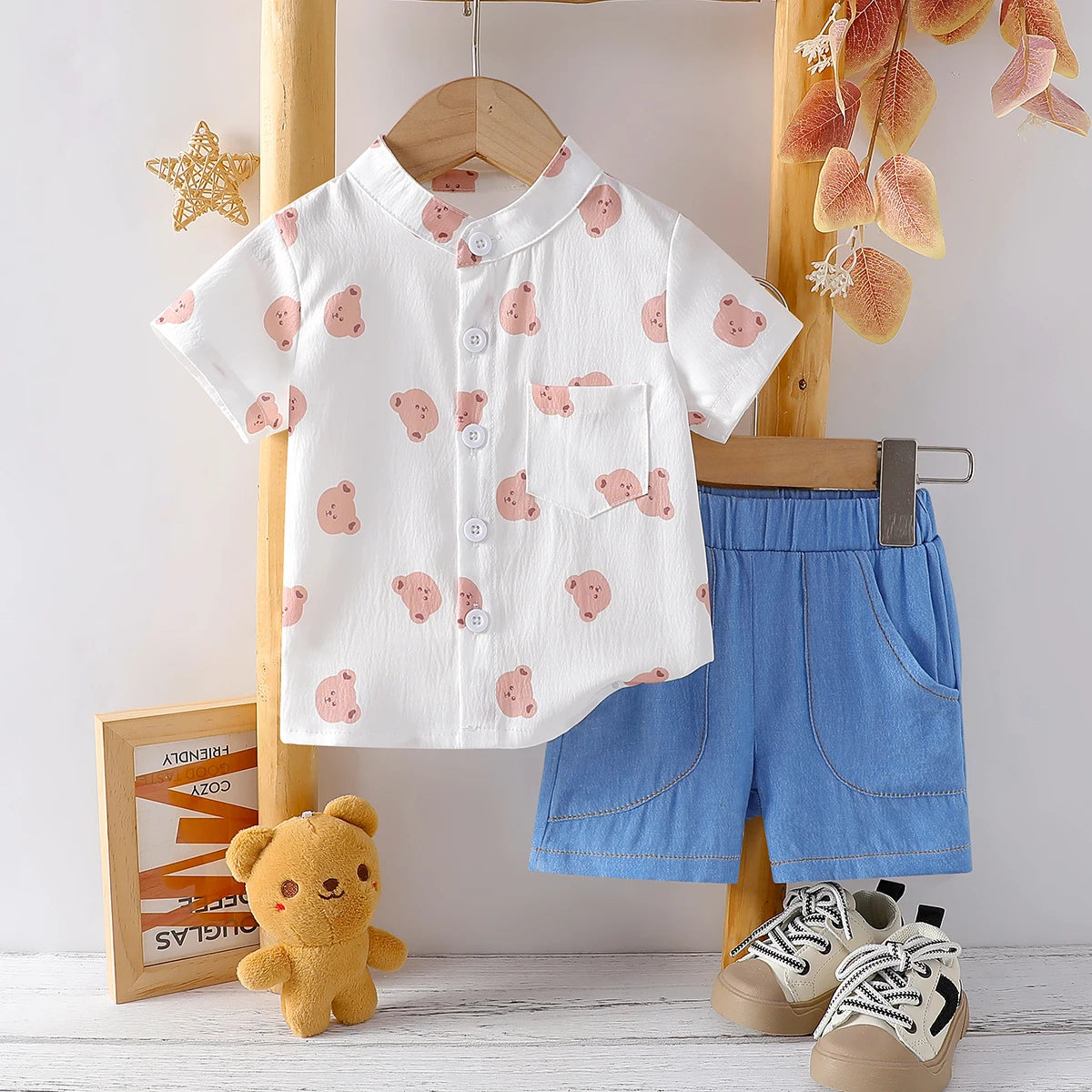 Bear Print Button Down Set