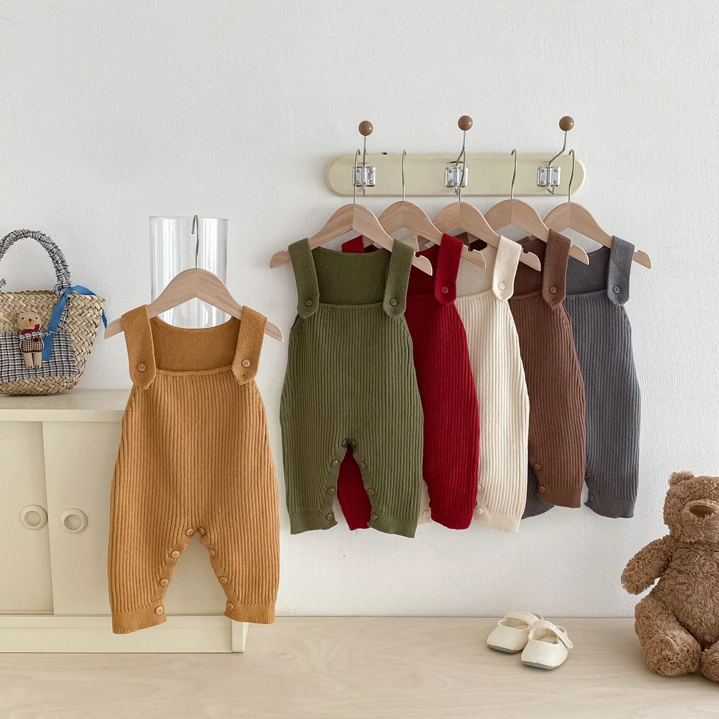 Ribbed Knit Snap Button Overalls