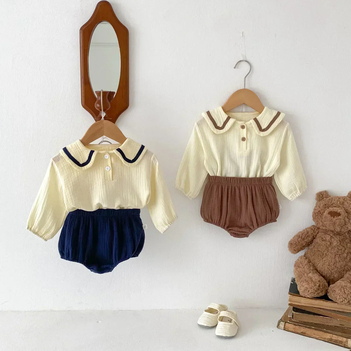 Cotton Navy Collar Solid Wrinkled Set